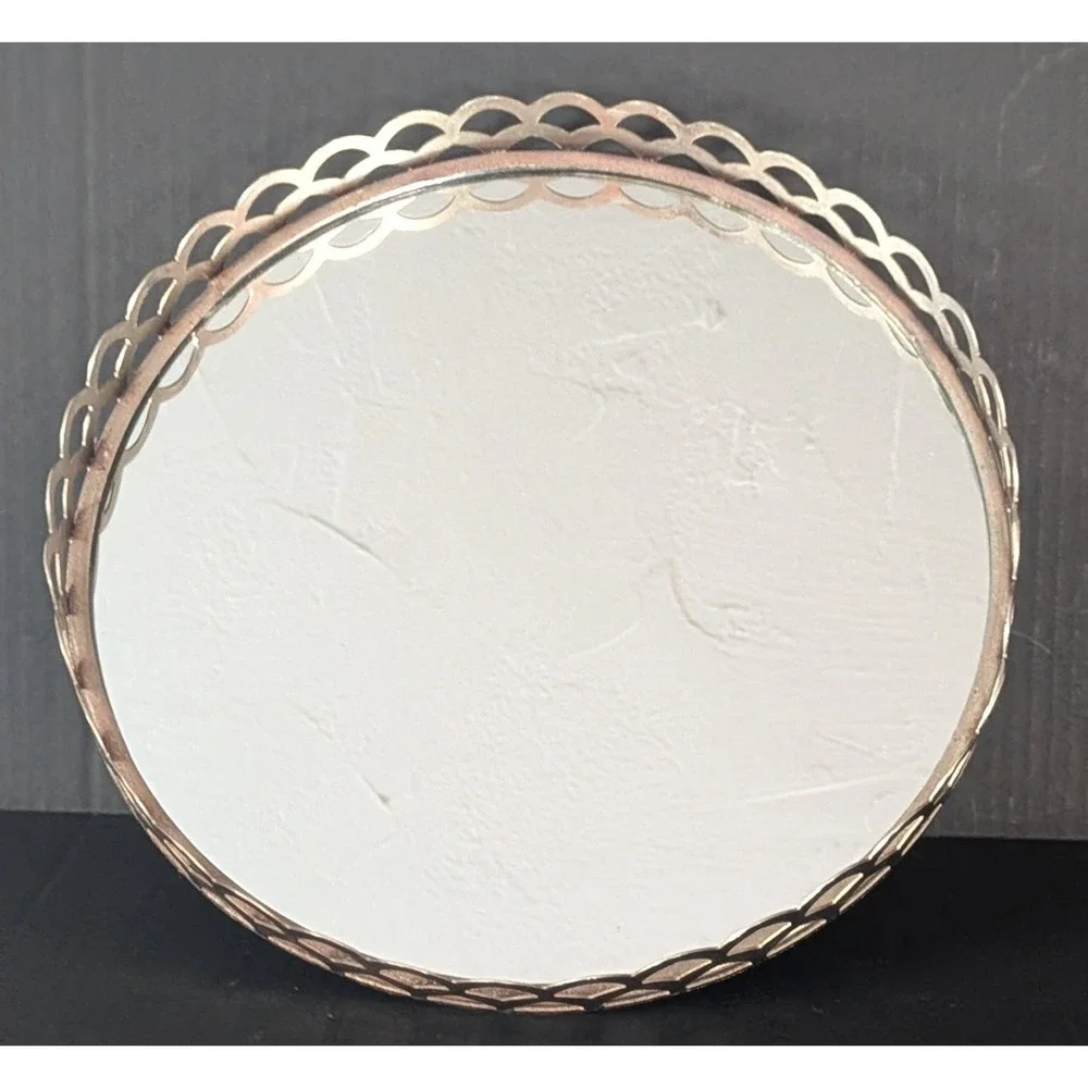 Vintage Vanity Mirror Round Scalloped Metal Lattice Frame 12